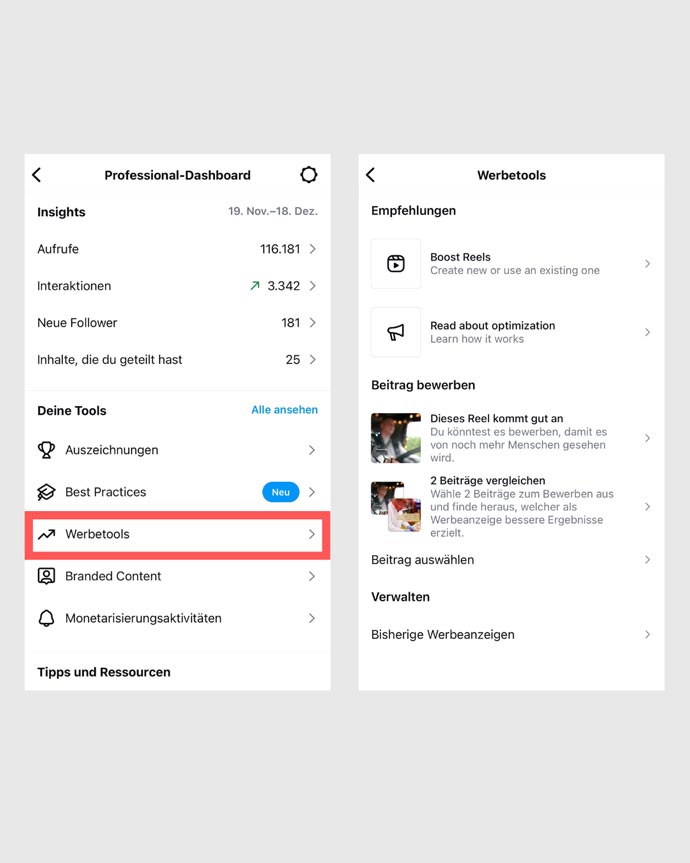 Auf Instagram Werbetools einstellen